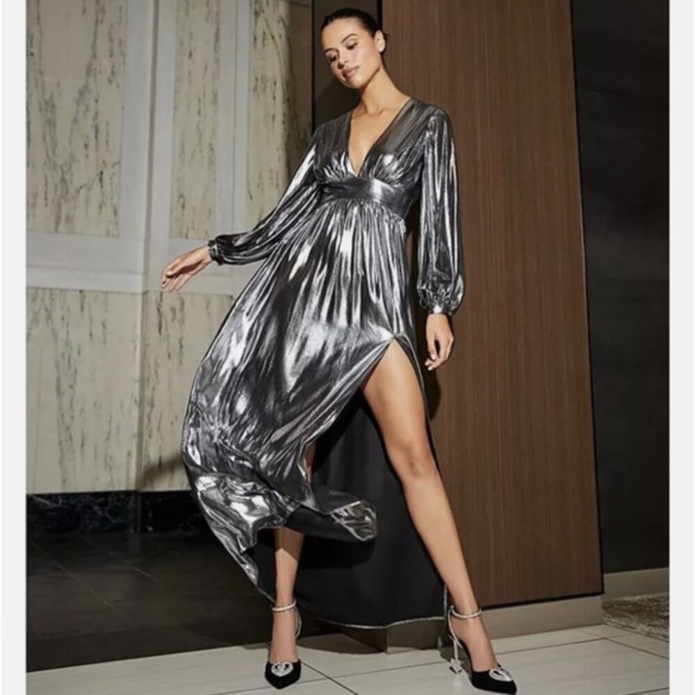 Gianni Bini Zella Metallic V-back Front Slit Column Gown